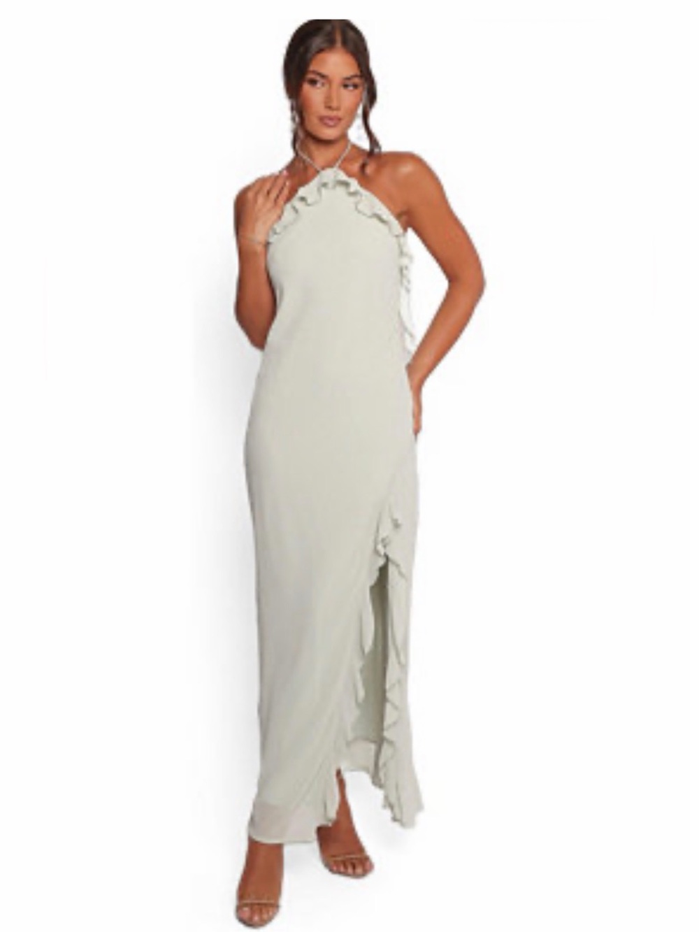 the Petal & Pup Patricia Ruffle Detail Halter Neck Maxi Dress in sage Size L